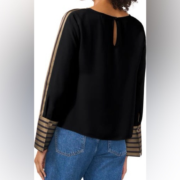 NWT VINCE CAMUTO Boat Neck Extended Cuff Shirt Blouse Black Stripe Size Large - Picture 3 of 10